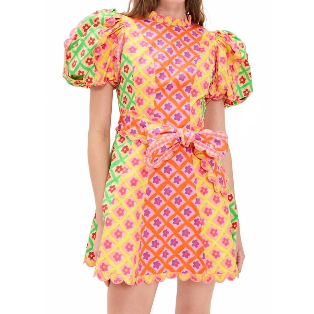 Vibrant Pink & Yellow Puff-Sleeve Mini Dress with Waist Bow